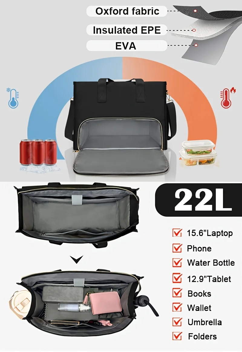 Oxford-Lunch-Tasche für Damen, Laptopfach, große isolierte Tragetasche mit Seitentaschen für Krankenschwestern, Lehrer, Outdoor-Aktivitäten – Detail 3