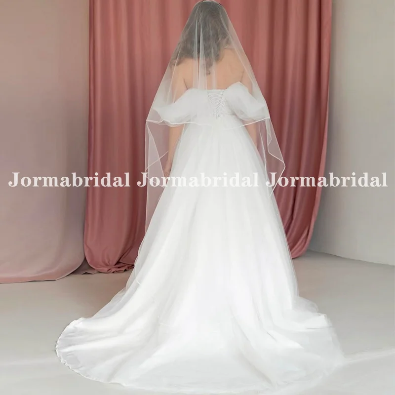 Off the Shoulder Tulle Boho Wedding Dresses Shiny Lace Appliques High Slit Bridal Gowns Lacing Back Customized suknia ślubna