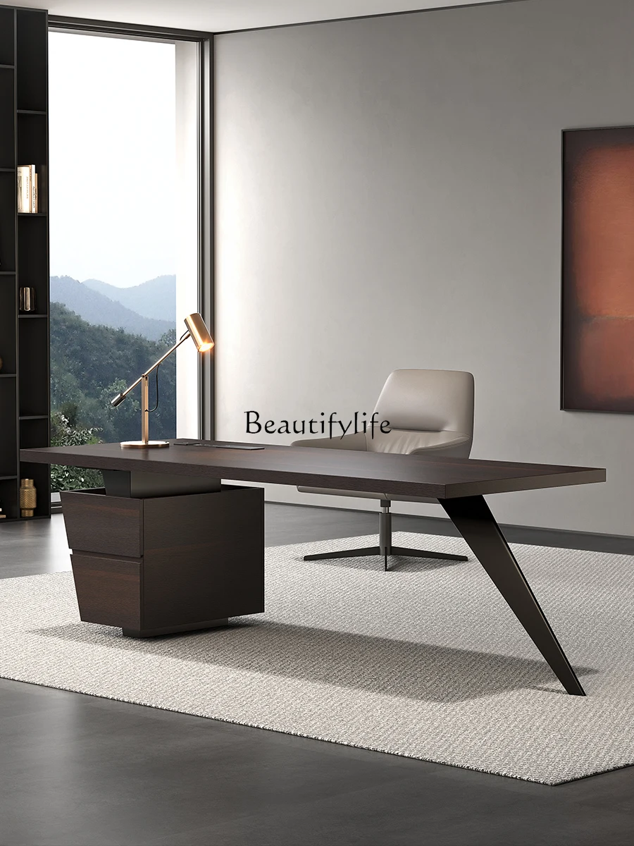 Minimalist Italian Home Study Modern Light Luxury Smoked Wood Computer Desk