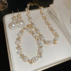 Flower Round Pearl Earrings Bracelet Necklace Set French Clavicle Chain