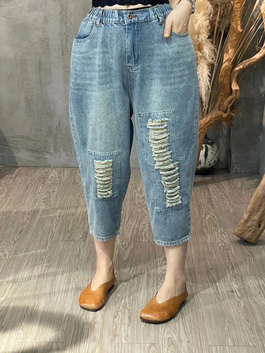Retro Jeansy Denimowe z Wysokim Stanem, Postrzępionym Dołem, Spodnie Harlan, Letnie Cienkie, Duże Rozmiary, Odzież Damska, Vintage, Casual, Luźne...