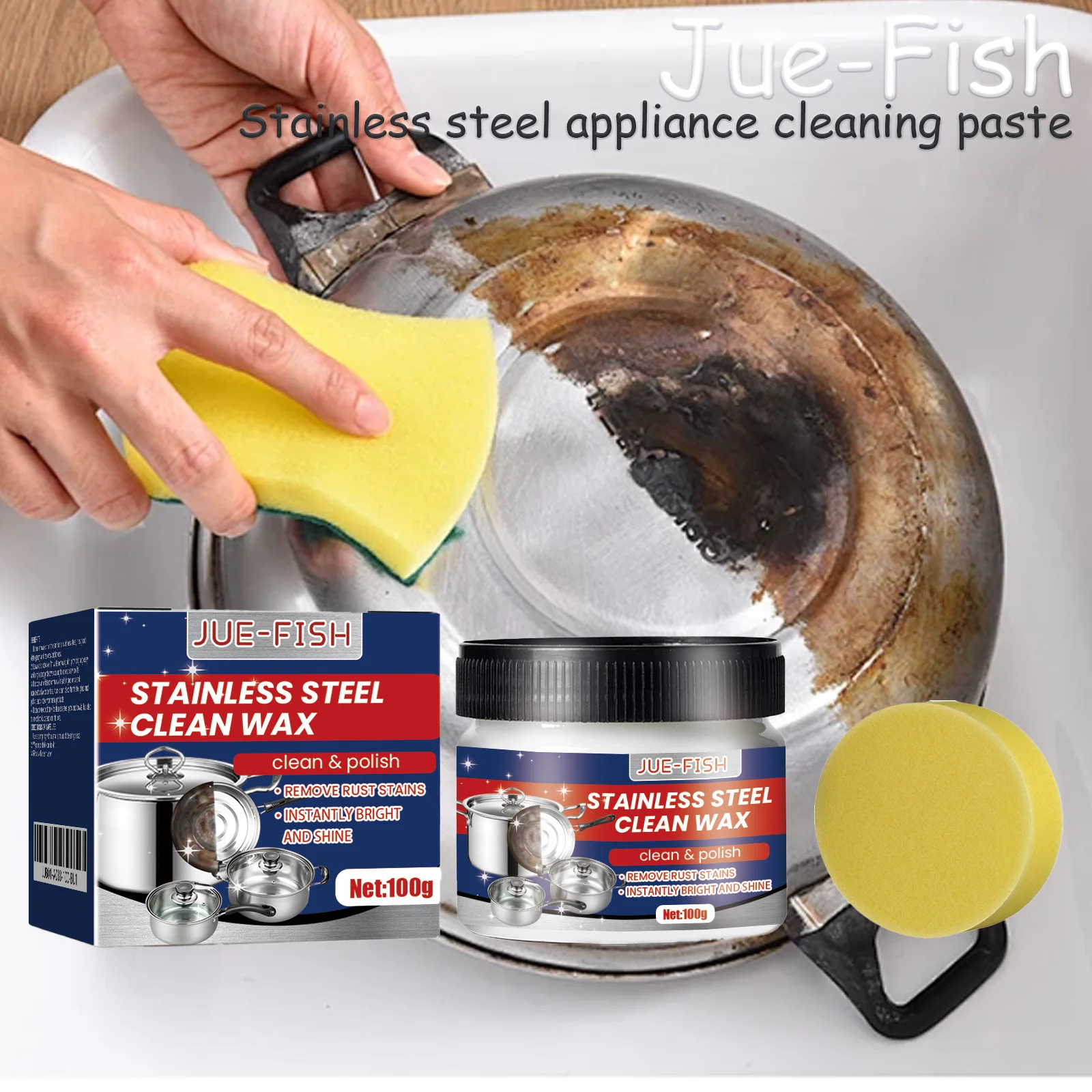 

Чистящая паста из нержавеющей стали Jue-Fish — средство для удаления пятен на масляных пятен, ржавчины и грязи для кухонной утвари, кастрюль, сковородок и плиты