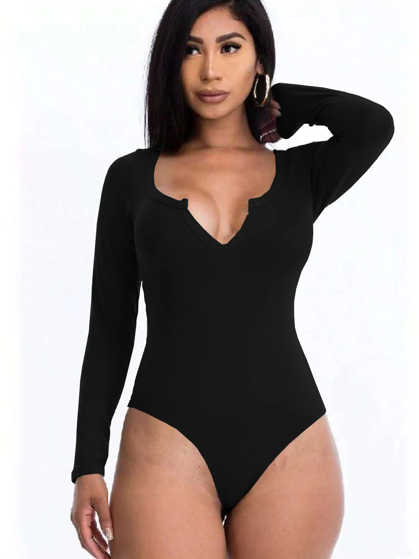 Macacão feminino europeu e americano com nervuras de manga comprida com gola entalhada e macacão justo