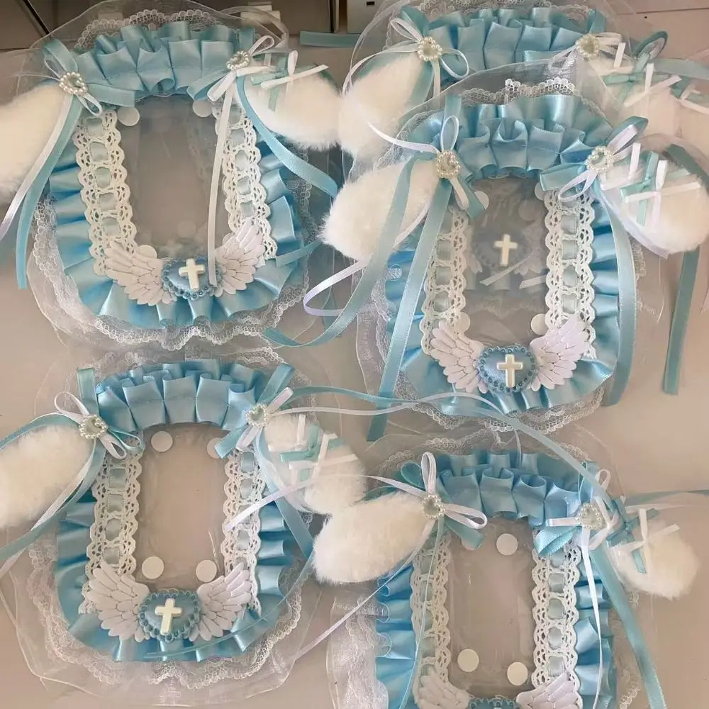 Cute Angel Wings Card Holder Lace Plush Photo Protector Case with Ribbon Anime Photocard Holder