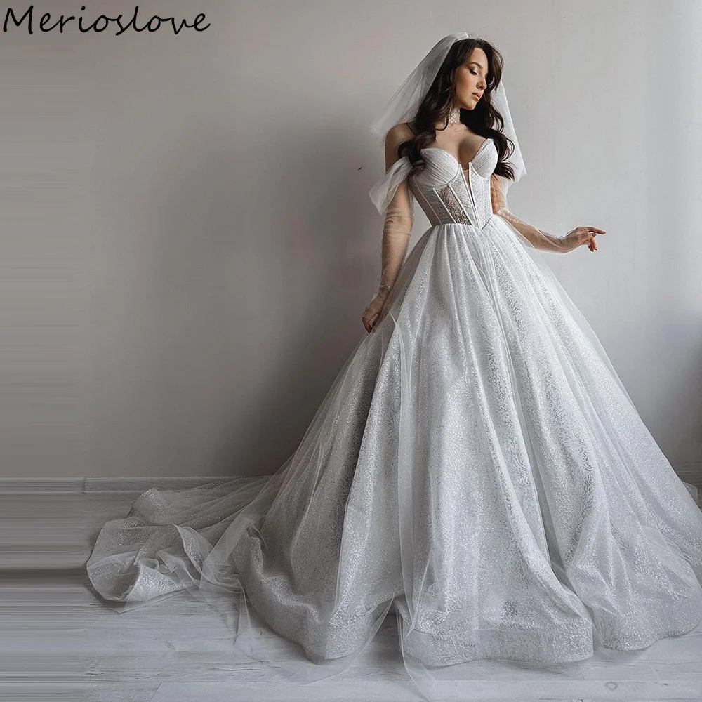 Merioslove Glitter Wedding Dresses Sweetheart Off the Shoulder A-Line Shiny Bridal Gowns Sparkly Bride Dress свадебное платье