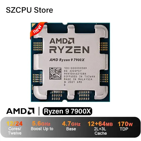 CPU AMD Ryzen 9 7900X, R9 7900X, 4,7 GHz, 12 core, 24 thread, 5 nm, L3=64 M, 100- 000000589   Presa AM5, nuova ma senza dispositivo di raffreddamento