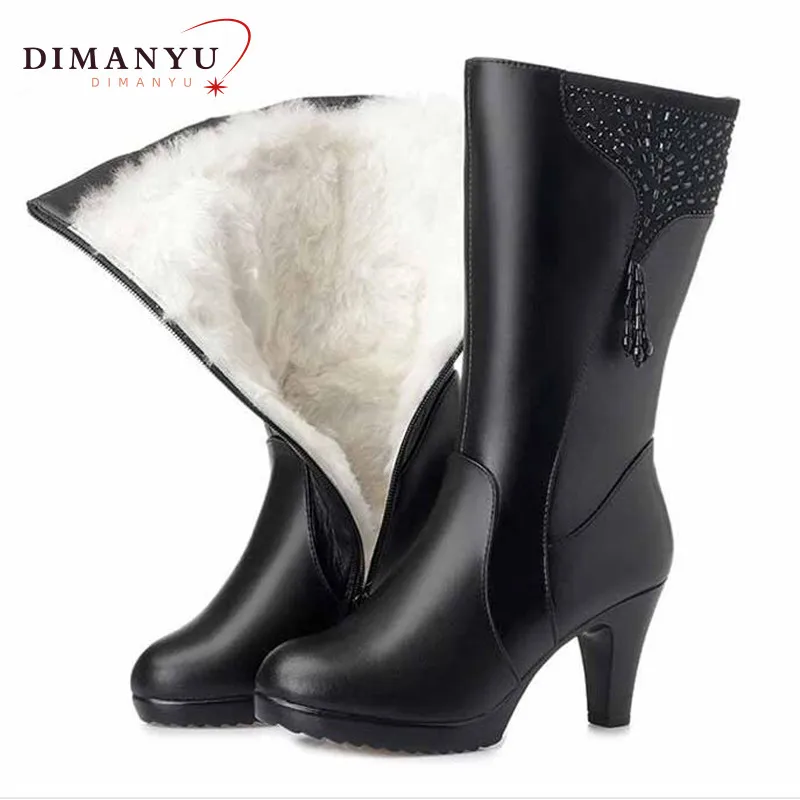 

DIMANYU Women Dress Boots High Heels Genuine Leather Women Winter Boots Large Size Natural Wool Warm Office Boots Women