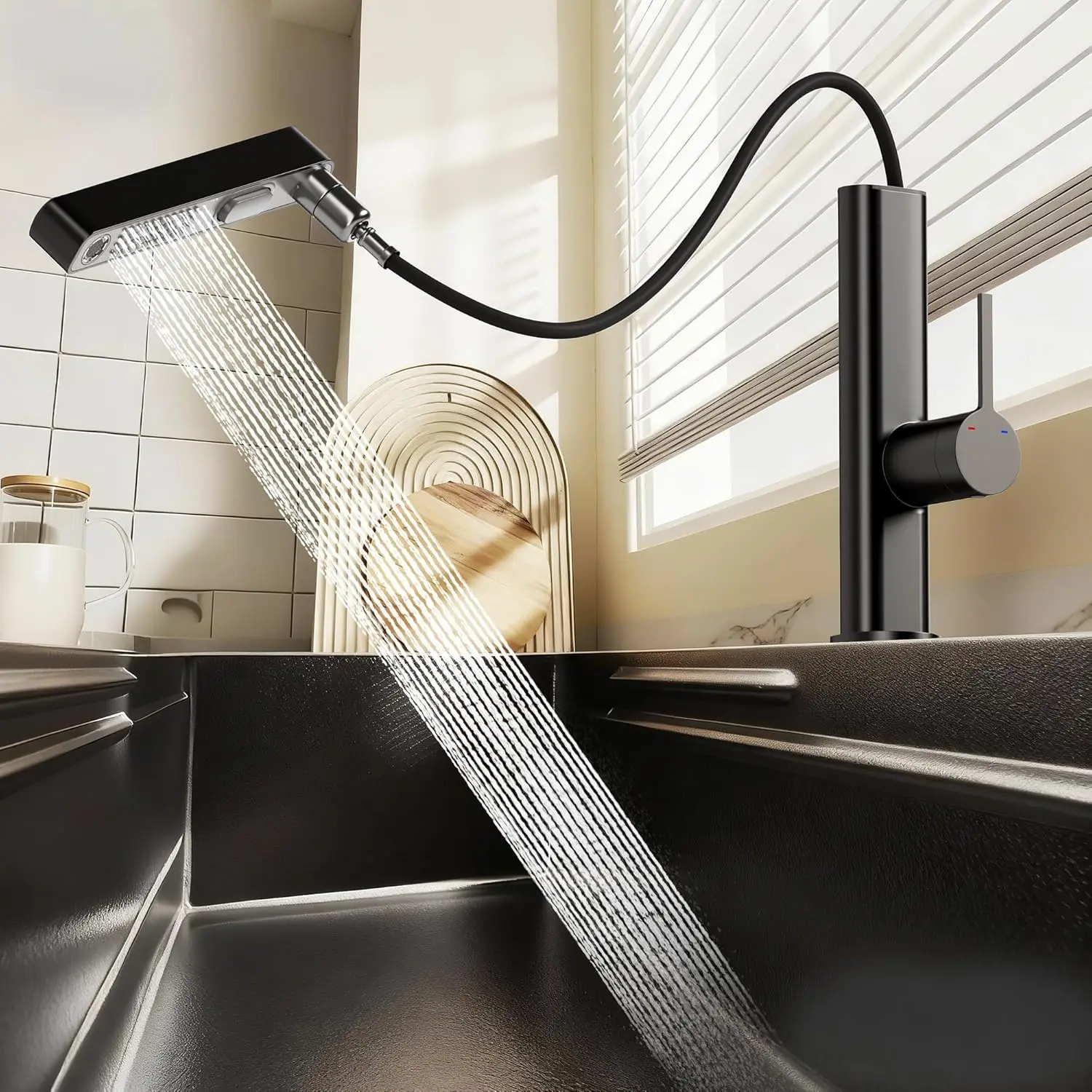 

Modern Kitchen Faucet with Pull Down Sprayer | 11" Matte Grey 360° Swivel Bar Faucets Single Hole | Dual Spray Modes | Spot-Free