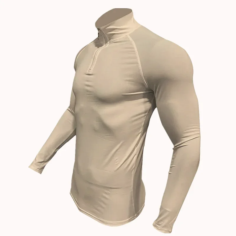 الرجال سترة اللياقة البدنية ضغط تي شيرت عادية تشغيل مطاطا كم طويل بلايز نصف البريدي عالية الرقبة ضيق التدريب تي شيرت #5