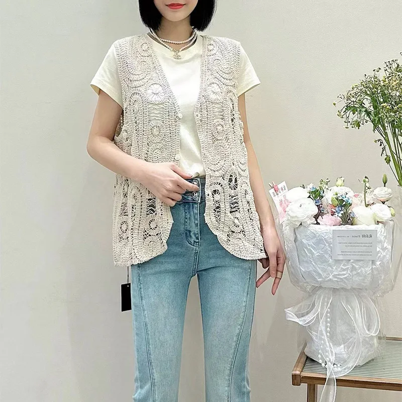 Gilet pour femme, design coloré, confortable et élégant, décontracté, crochet fleuri, été, nouveau, polyvalent, haut ajouré