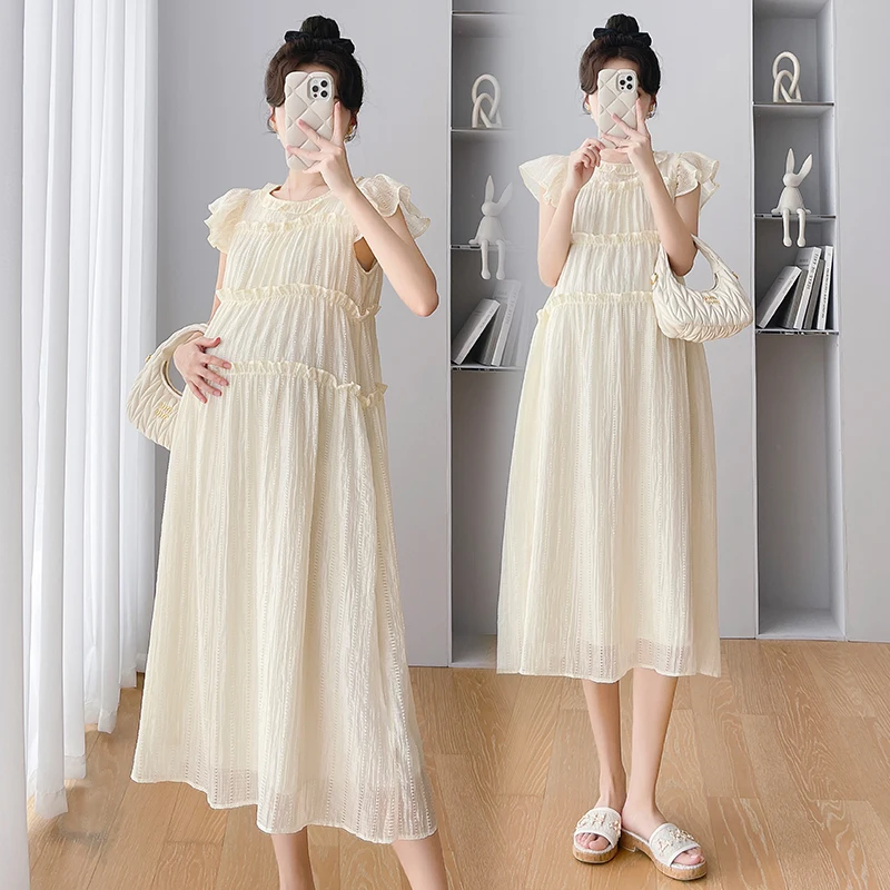 Hollow Out Ruffle Maternity Long Dress Elegant A Line Clothes for Pregnant Women 2024 Summer Casual Pregnancy Daily Wear