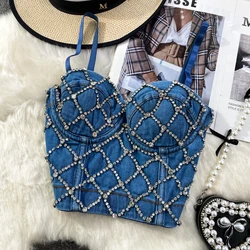 Denim Scratched Women's Spaghetti Strap Diamonds Ripped Push Up Bustier Night Club Party Crop Top 2023 Corset Camise Vest