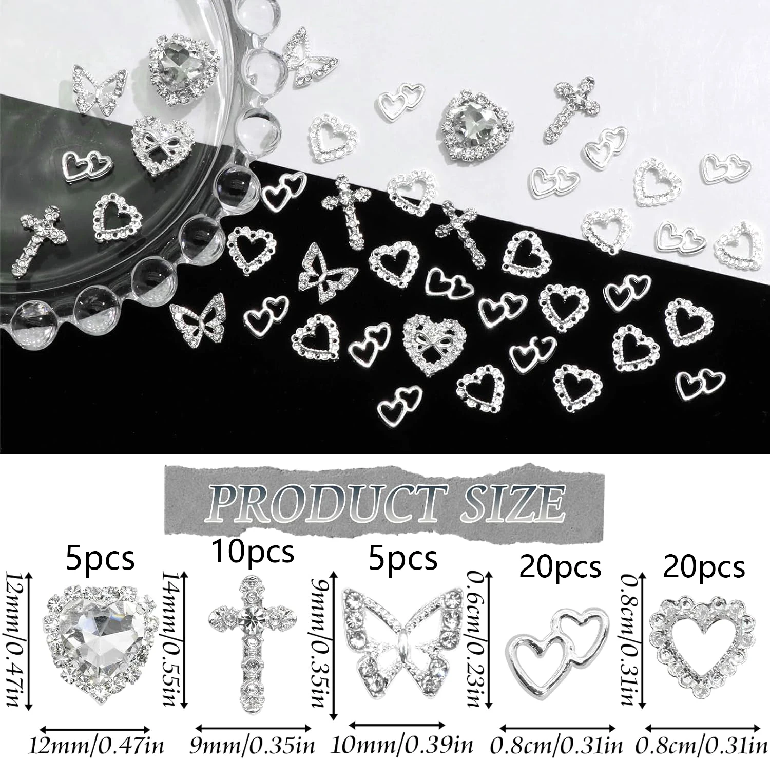 60 uds. De dijes de plata para uñas, dijes de corazón de cristal para uñas, dijes de aleación 3D cruzados para uñas, dijes de mariposa de Metal, gemas para uñas, diamantes de imitación