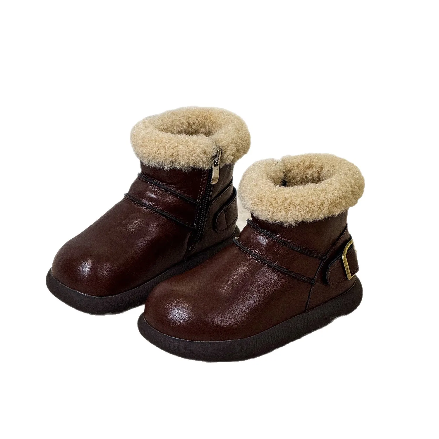 

2025 Winter Children's Boys Girls Retro Leather Boots with Belt Buckle and Fleece Lining, Warm Leather Boots for Kid Toddler