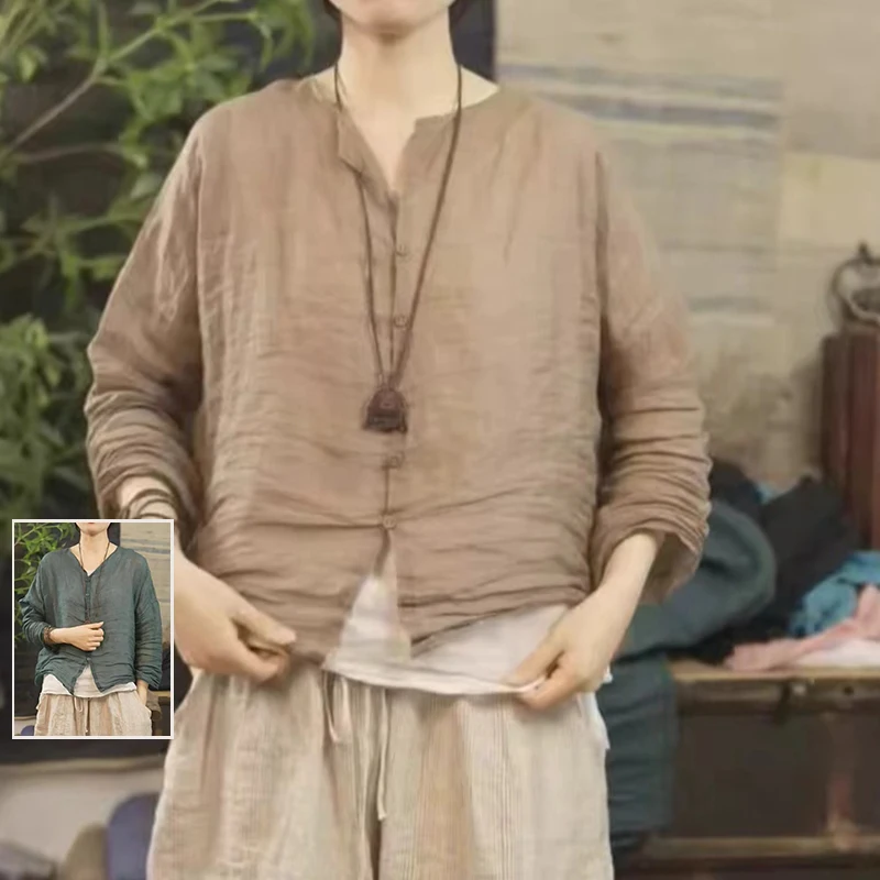 

Свободный крой в стиле ретро, повседневный хлопковый льняной тонкий девятиточечный све V-Ne на пуговицах, солнцезащитный открытый кардиган для женщин больших размеров