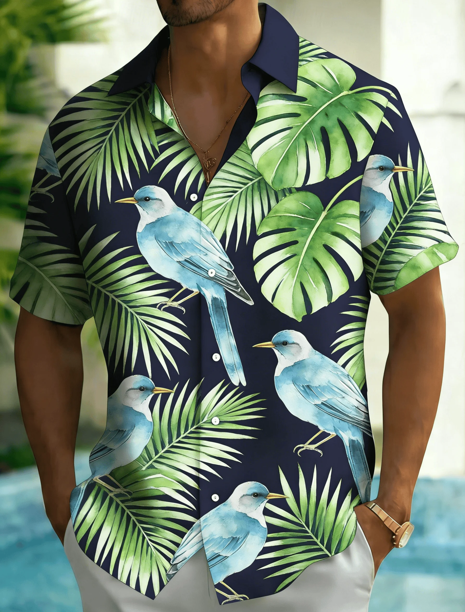 

Men's Navy Watercolor Bird Monstera Print Short Sleeve Shirt,Spring Summer Fresh Tropical Vacation Casual Top,Pocket Lapel Style