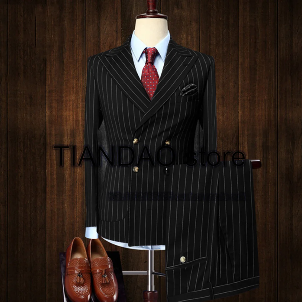 Men\'s Striped Suit 2 Piece Double Breasted Jacket Set Formal Business Blazer Pants Office Workwear Slim Fit Design