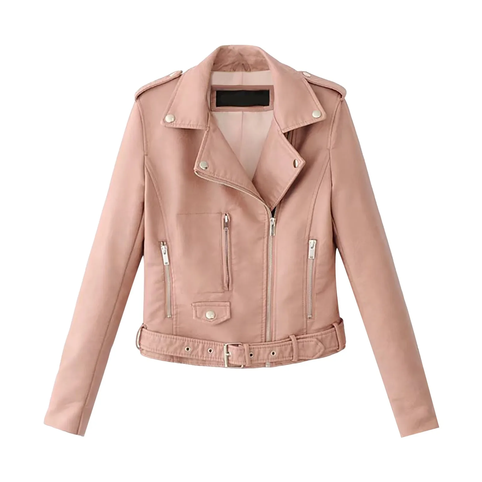 

Fall Faux Leather Jacket Women's Motorcycle Pu Leather Jackets With Waisted Belt Slim Fit Zipper Casual Short Outwears Chaquetas