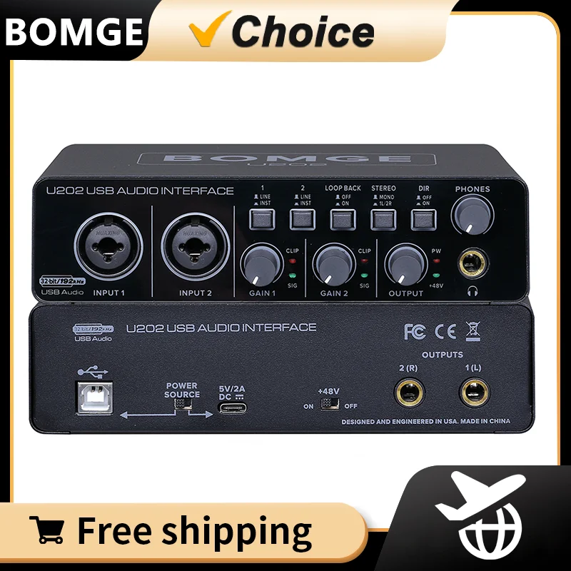 BOMGE U202 USB-аудиоинтерфейс с микрофонными предусилителями, XLR/TSR/TS 48 В, 32 бит/192 кГц для компьютерной записи