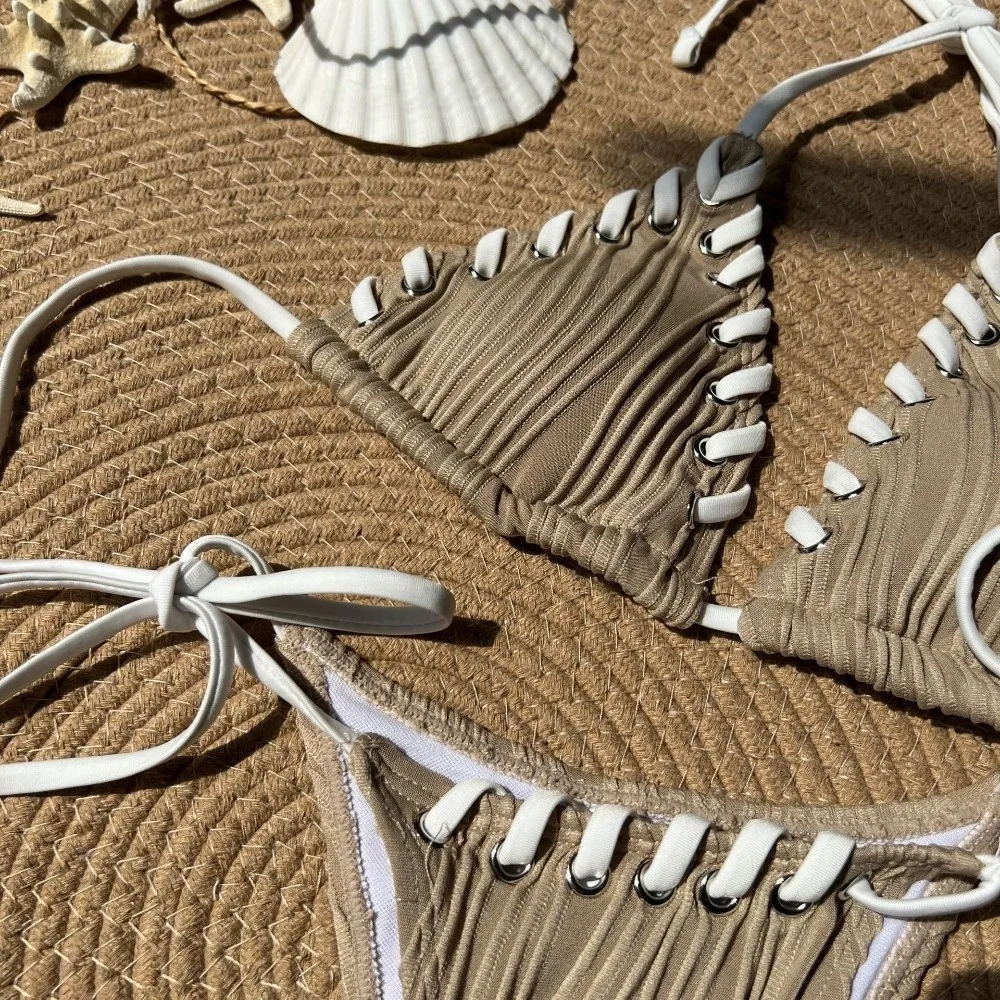 Fashion Rope String Bikini Suit Lace Up Ruffled Swimwear Set Slim Fit Halter Neck Sling Swimsuit Resort Wear