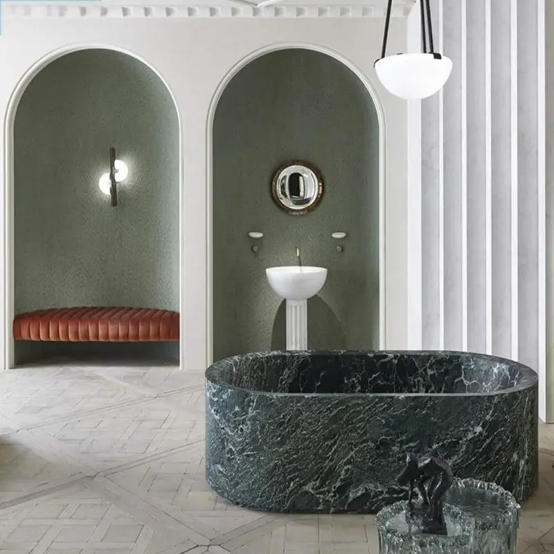 Natural Marble Bathtub, Carved Minimalist Luxury, Custom Hotel/Villa Bathroom, Artistic， Indoor/Outdoor Shower, One-Piece Design