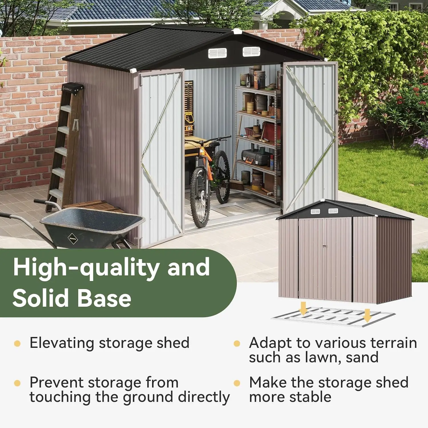 8'x6' Outdoor Storage Shed with Base, Brown | Metal Shed with Lockable Doors & Slooping Roof Garden Tool Shed for, Custom