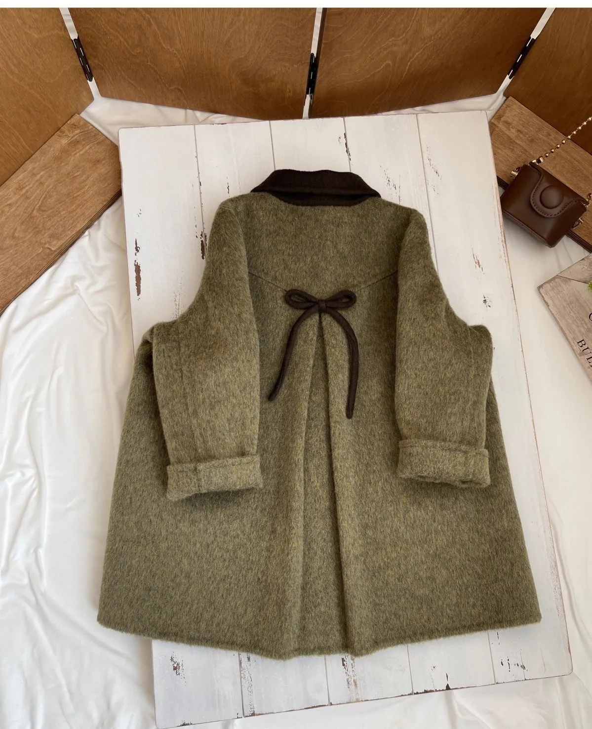 90-160 سنتيمتر الفتيات معطف الصوف الخريف/الشتاء جديد للأطفال الرجعية الأخضر طوق مزدوجة الوجهين المنسوجة القوس معطف