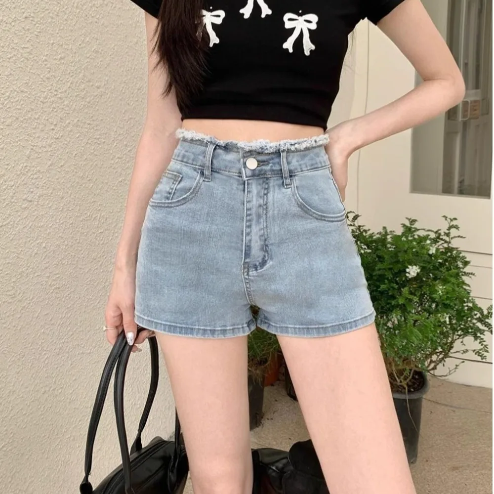 New All Match Summer Shorts High Waist Solid Color Denim Shorts Butterfly Embroidery Craft Sweet Style Hot Pants Women Girl