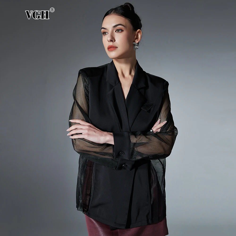 

VGH Casual Patchwork Sheer Mesh Blazers For Women Notched Collar Long Sleeve Spliced Button Minimalist Loose Coat Female Fashion