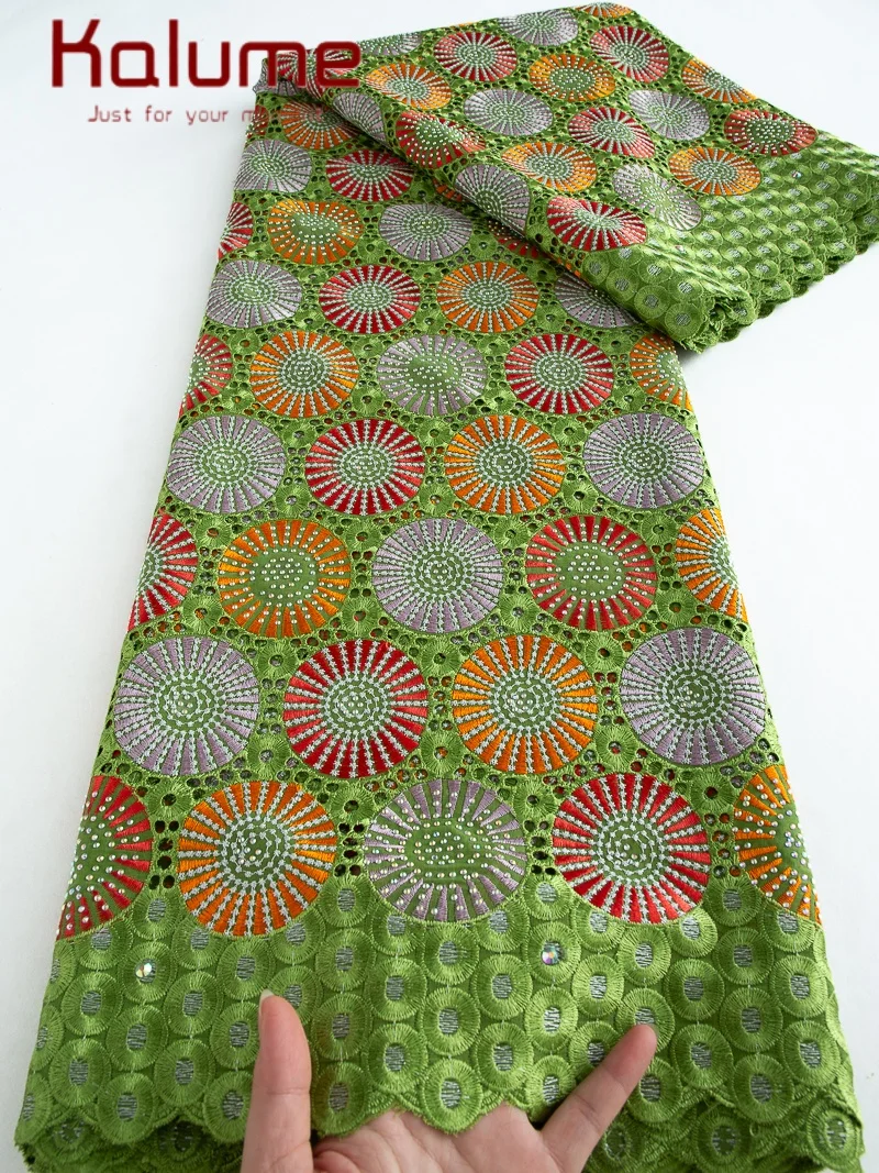 Kalume Swiss Voile Embroidery Lace Fabric 5Yards Cotton Lace with Rhinestones Nigerian for Sew Ladies Wedding Dress F4486