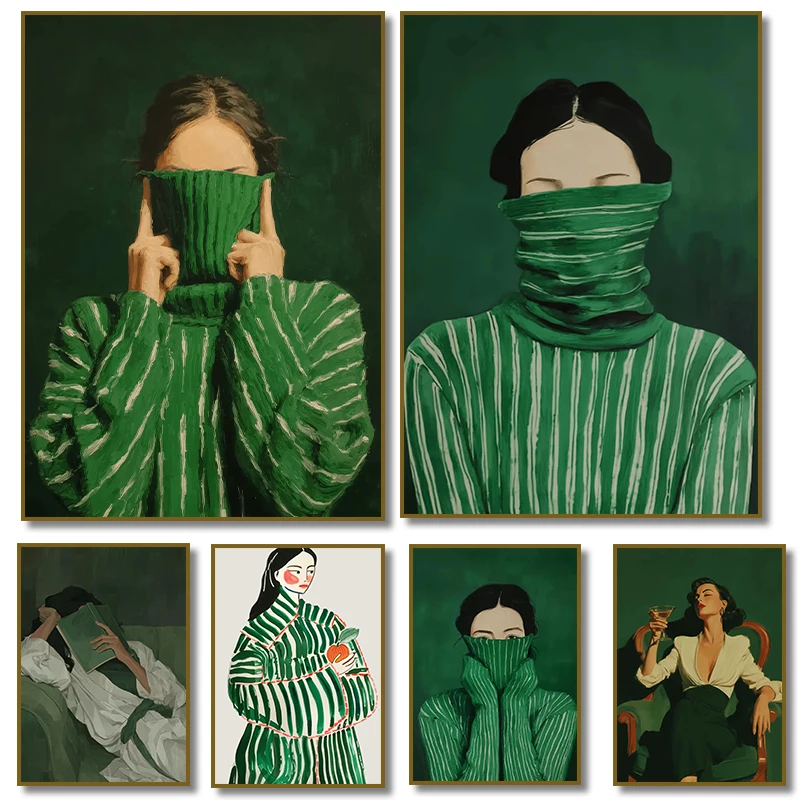 Emerald Green Woman Striped Sweater Girl Portrait Art Poster Canvas Painting Print, Moody Minimalist Room Home Decor Cuadros