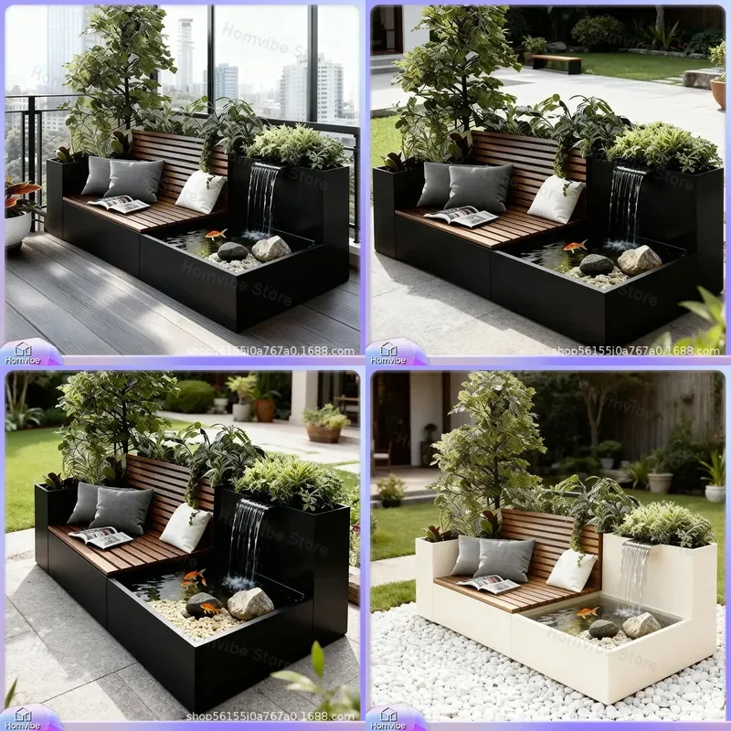 Outdoor Aluminum Alloy Flower Box Bench Garden Planter Seat Patio Courtyard Partition Water Feature Luminous Landscape