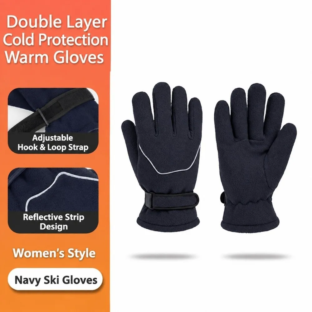 Adjustable Strap Double Layer Warm Gloves Cold Proof Magic Tape Closure Men Women Winter Gloves 92% Polyester 8% Spandex
