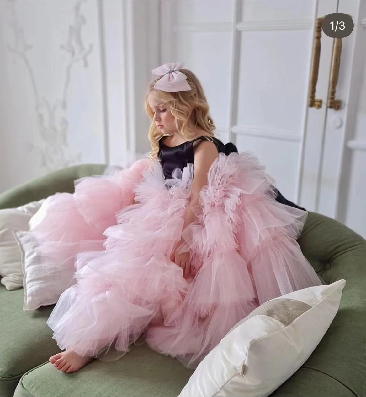 สีเขียว PUFFY ดอกไม้สาวชุดสําหรับงานแต่งงาน V-Back Layered Tulle กับโบว์เด็กวันเกิด First Communion Princess Ball Gowns