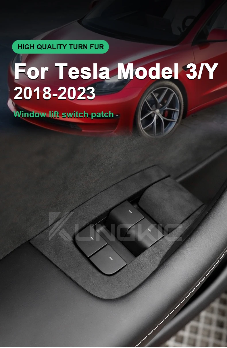 Hochwertiger Wildleder-Aufkleber für Tesla Model 3 2018-2023 und Model Y 2020-2024 Fensterheber-Schalter – Detail 1