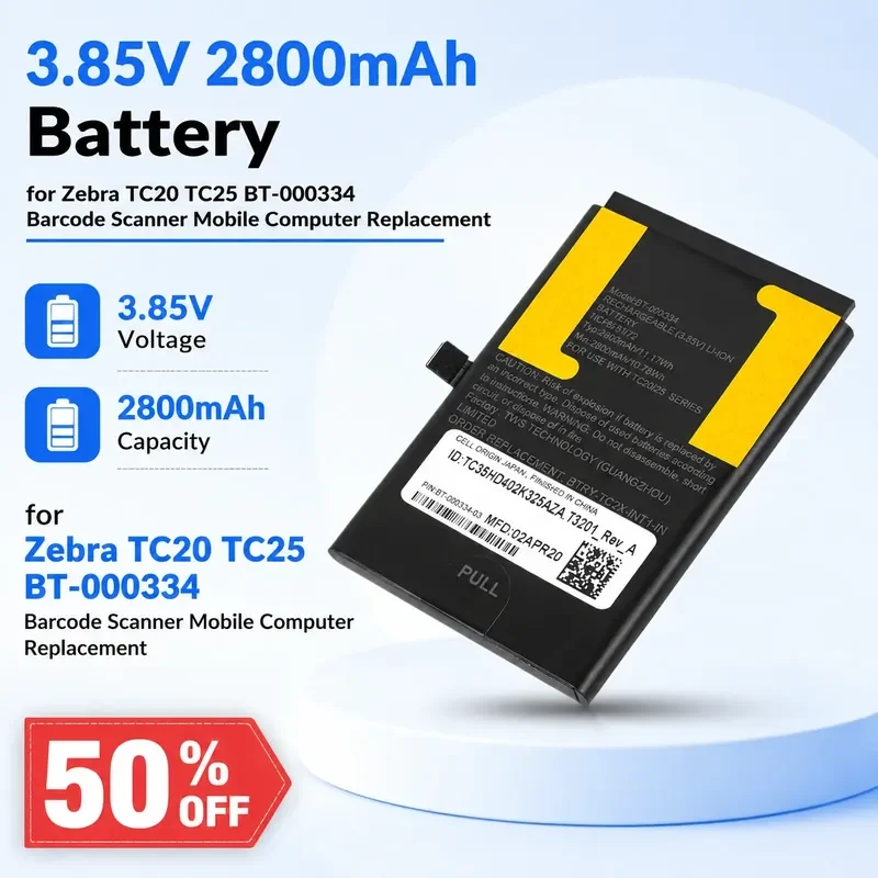 3.85V 2800mAh Battery for Zebra TC20 TC25 BT-000334 Barcode Scanner Mobile Computer Replacement