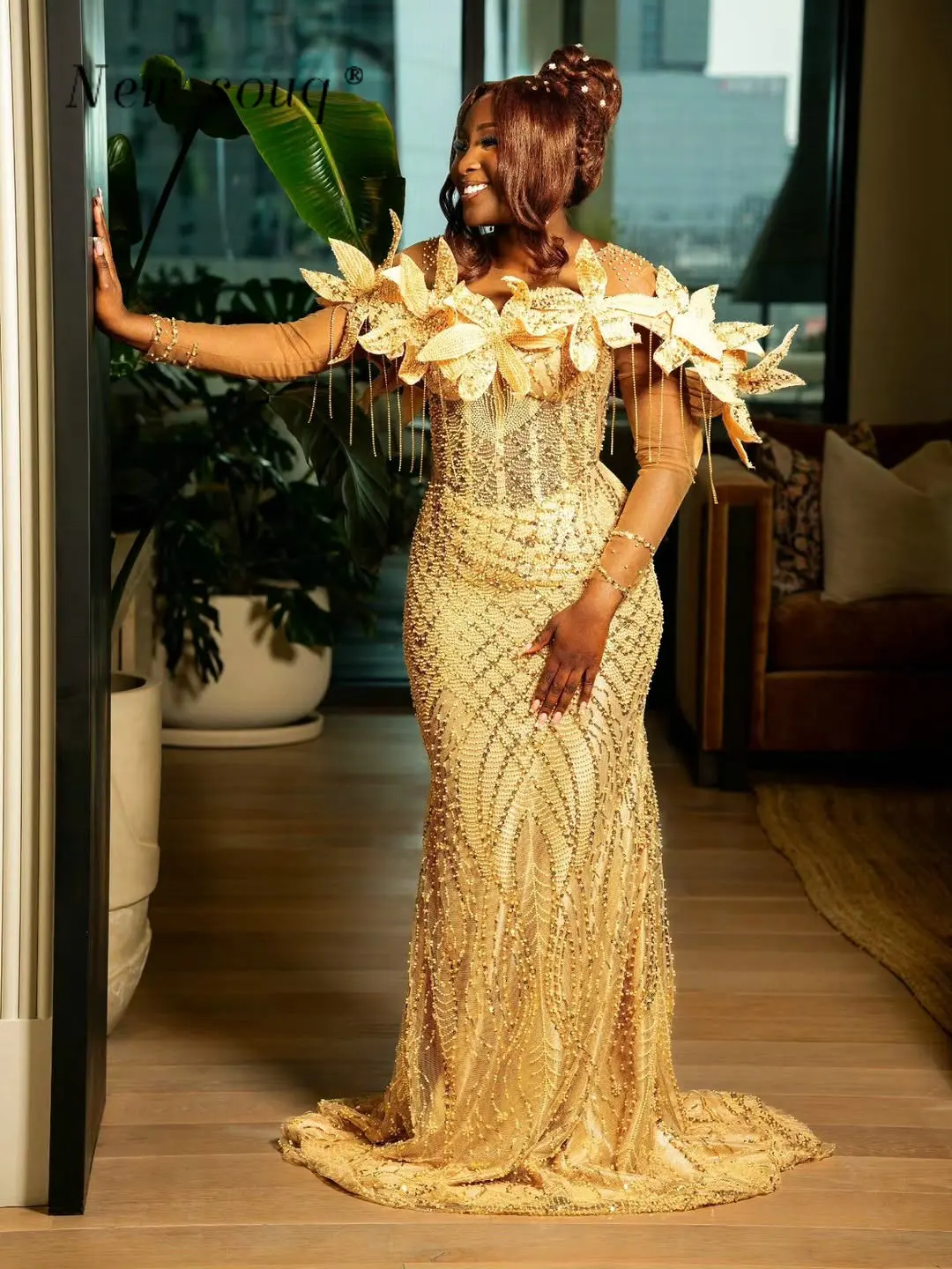 

Gold Mermaid Senior Prom Dresses 2026 Beaded 3D Flowers African Wedding Reception Party Evening Gowns Customized Plus Size