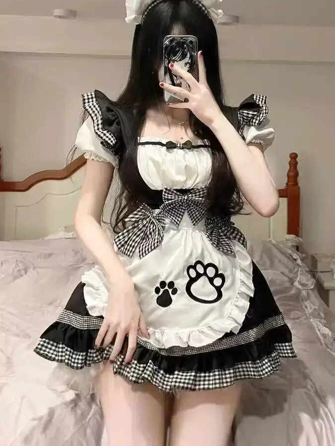 Maid Cute Girl Lolita Dress Lolita Cosplay Cat Ear Maid Pure Desire Bowknot Short Sleeves Apron Dress Bear Paw Print Sweet LPAO