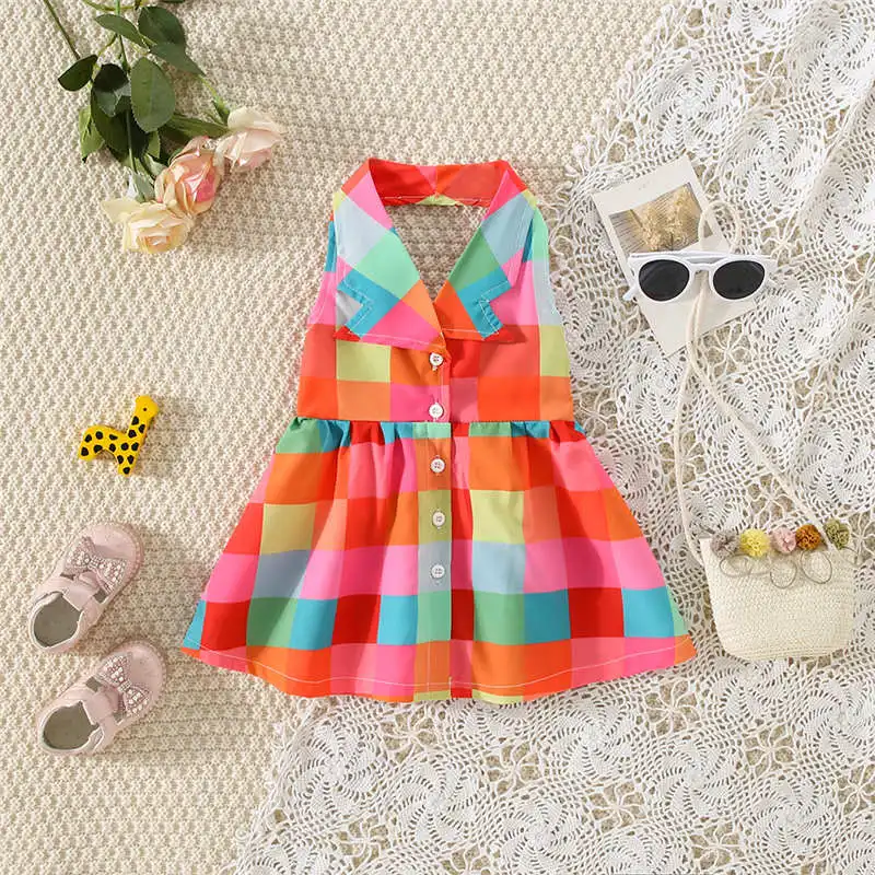 Summer Colorful Plaid Cotton Suit Collar Baby Girl Dress Cute Sleeveless Girl Princess Dress