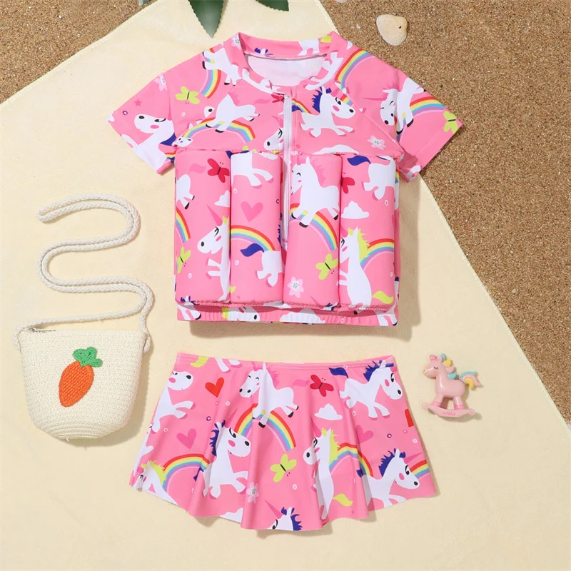 Girls Buoyancy Swimsuit Summer Kids Pool Swimwear 2026 New Children Cartoon Print Floating Rash Guards Infant Beach Clothing