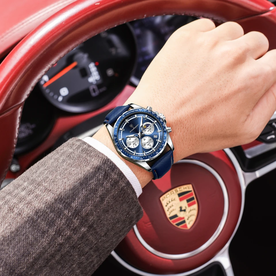 Reloj POEDAGAR original de moda para hombre, luminoso, resistente al agua, cronógrafo, fecha, cuero, cuarzo deportivo 6