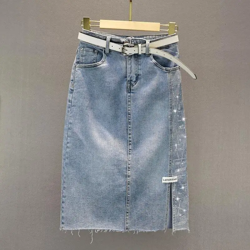 Diamond Split Vintage Casual Pockets Denim Skirt Female Ladies New Summer Trend Fashion High Waist Slim Wrap Hip Half Skirt Q379