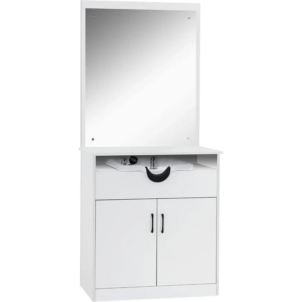 White Shampoo Bowl Sink Chair Station with Mirror and Styling Cabinet for Spa Equipment