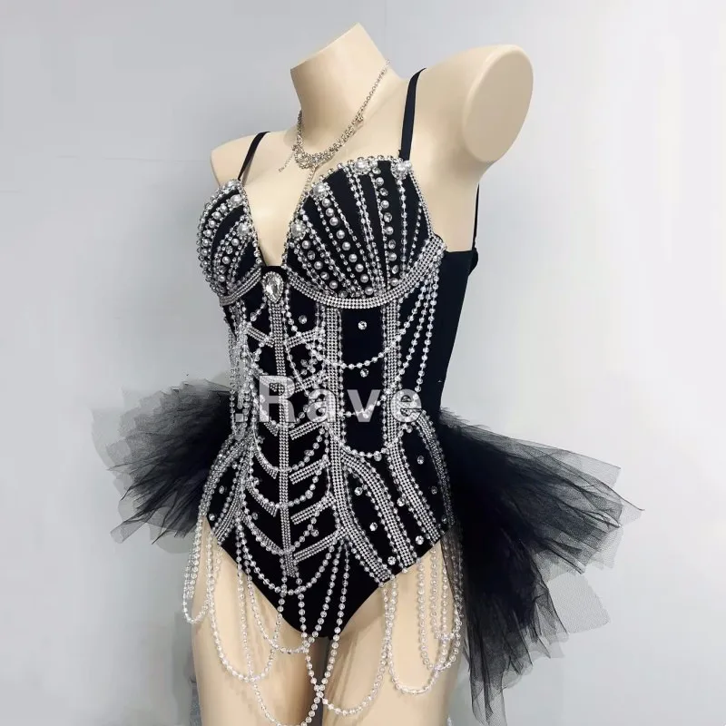 

Black White Beading Pearl Bodysuit Nightclub Party Birthday Show Music Festival Rave Outfit Women Dancer Singer Stage Costume