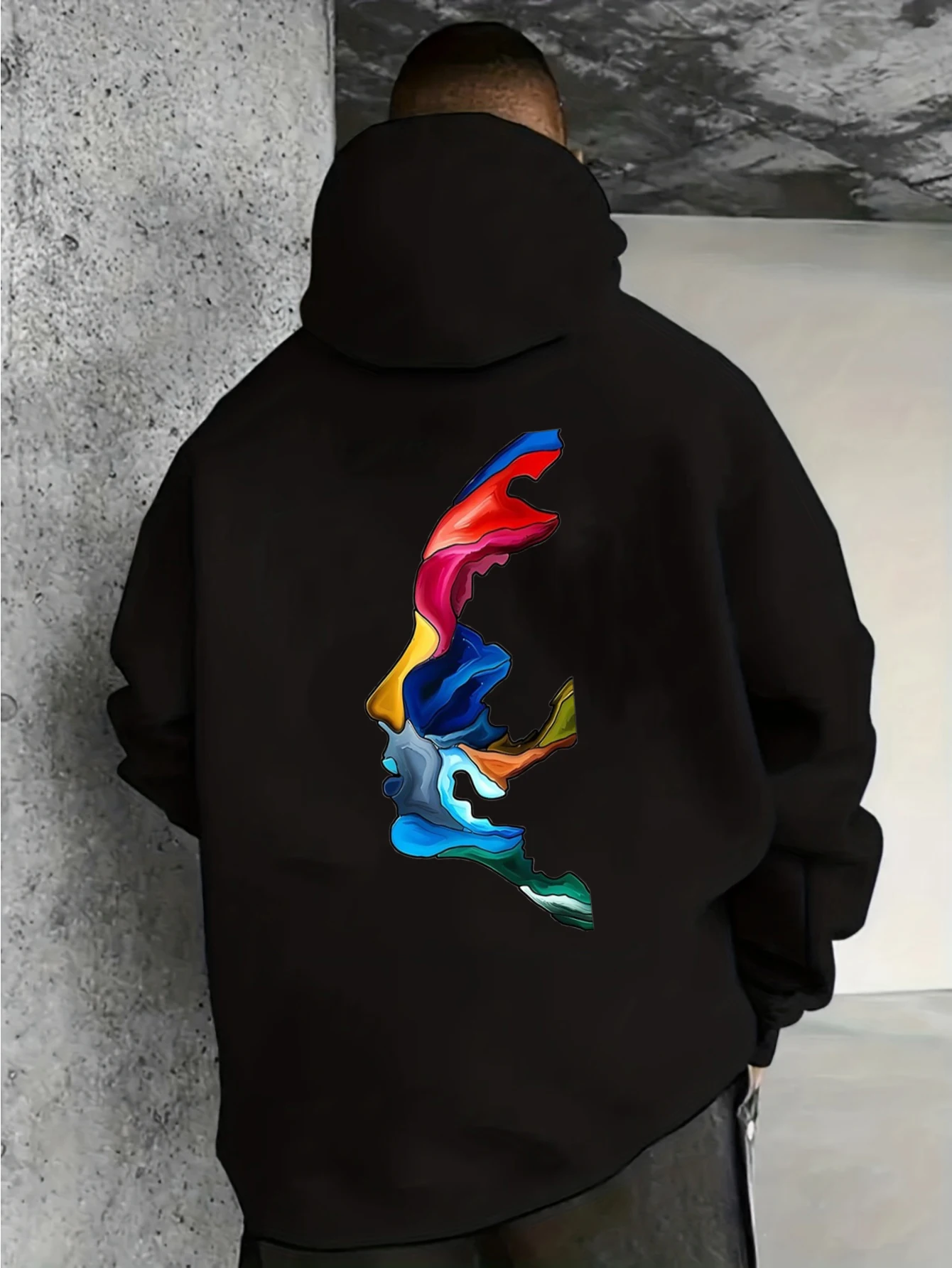 Men Colorful Abstract Profile Face Back Print Hoodie, Multicolor Layered Art Human Side‑Face Graphic Drawstring Kangaroo Pocket Pullover Sweatshirt Aesthetic Street Hooded Tops