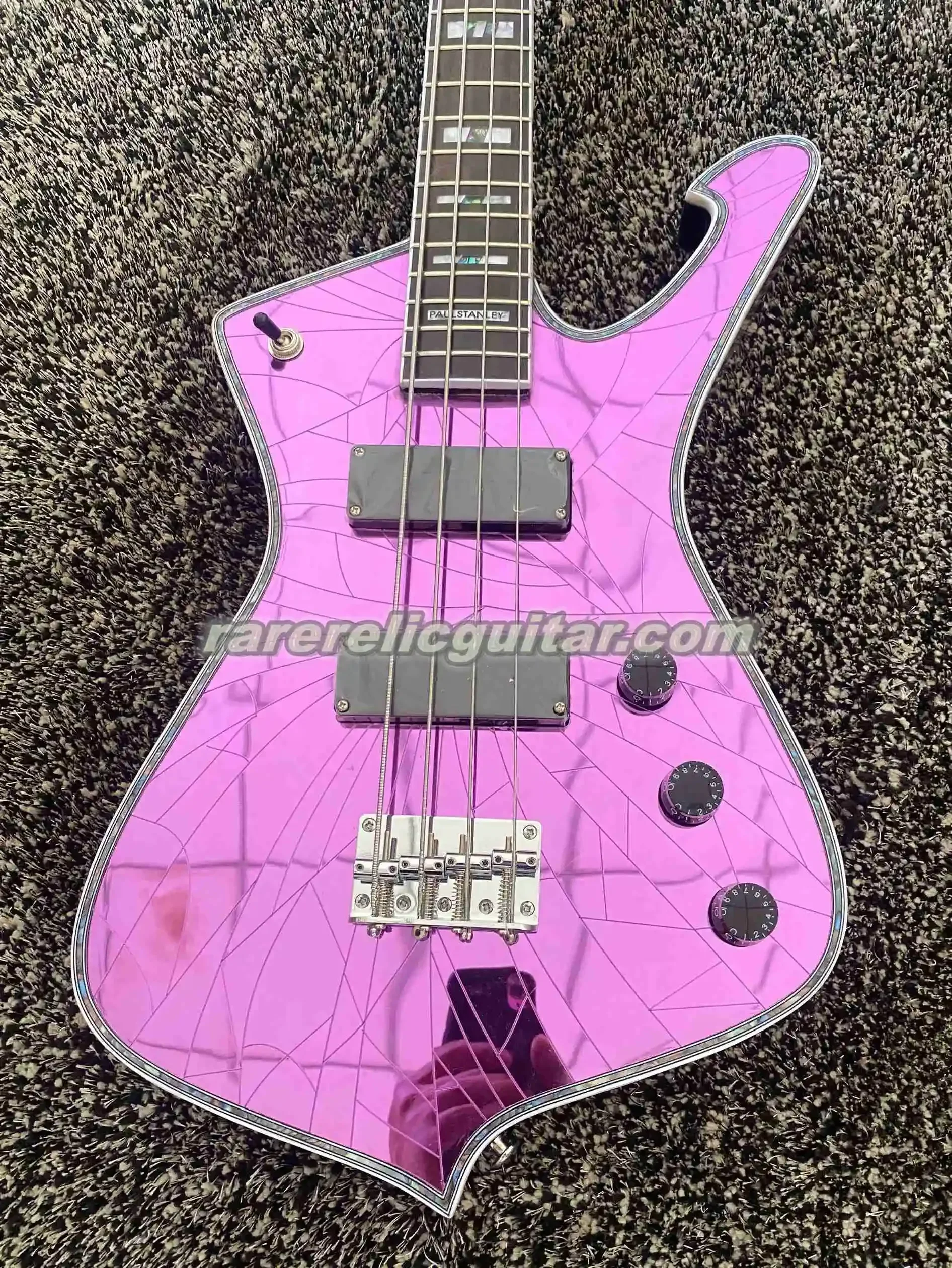 Rare 4 Strings Iceman Paul Stanley Purple Cracked Mirror Electric Bass Guitar Pearl Abalone Block Inlay Chrome Hardware