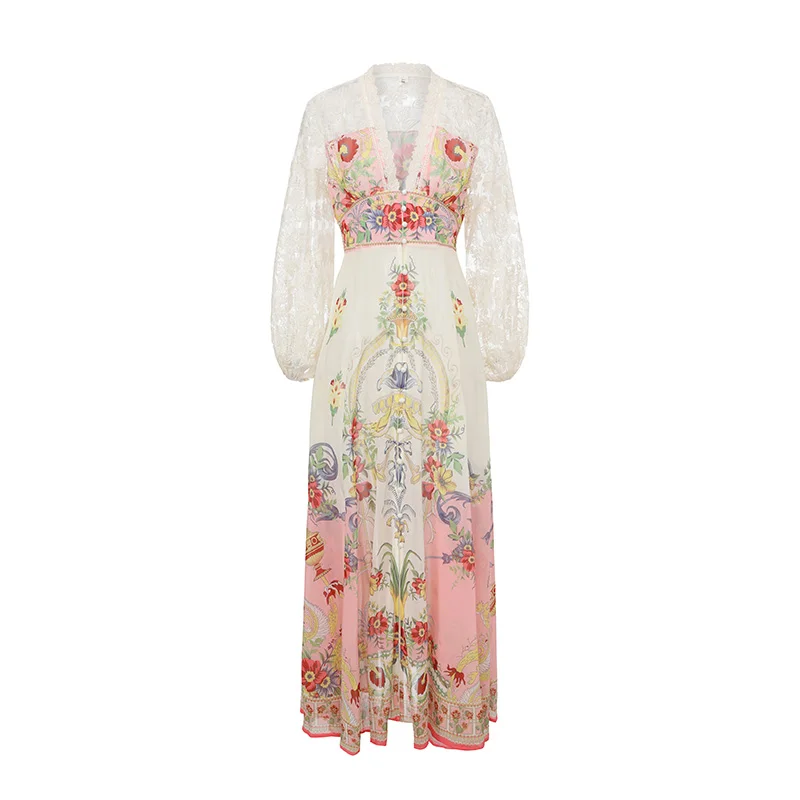 Iridesse 2026 Frühling, V-Ausschnitt, Spitzenbesatz, Blumenprint-Kleid, Elegantes Damenkleid, Große Robe für Frauen, Maxikleid