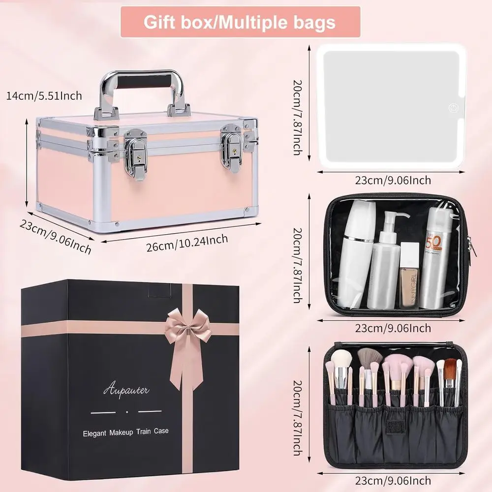휴대용 메이크업 트레인 케이스, LED 거울, 조절 가능한 정리함, 뷰티 애호가를 위한 핑크색 수납 가방 포함