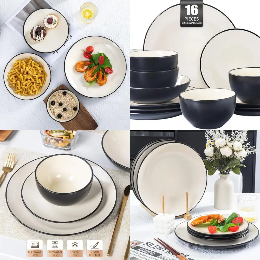 

4-16 Piece Stoneware Dinnerware Set, Ceramic Plates & Bowls for Kitchen and Formal Dining, Microwave and Dishwasher Safe, Ivory