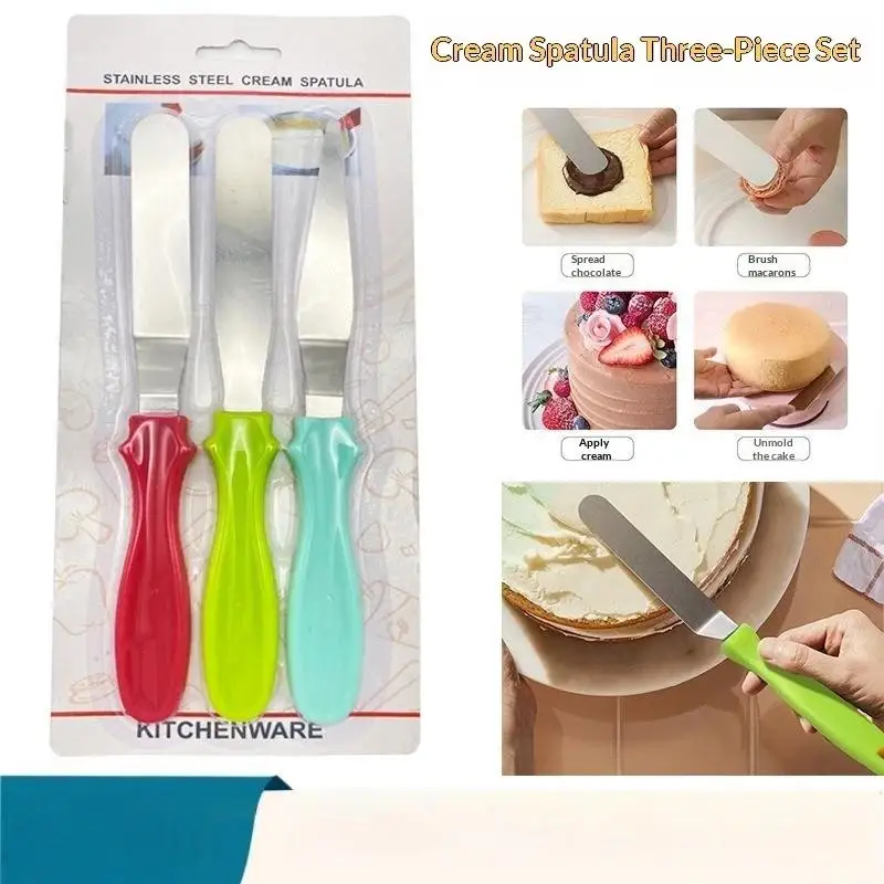 3Pcs Stainless Steel Cake Cream Spatula Set Non Slip Colored Handles Baking Scraper Butter Smoothing Knife For Cake Baking